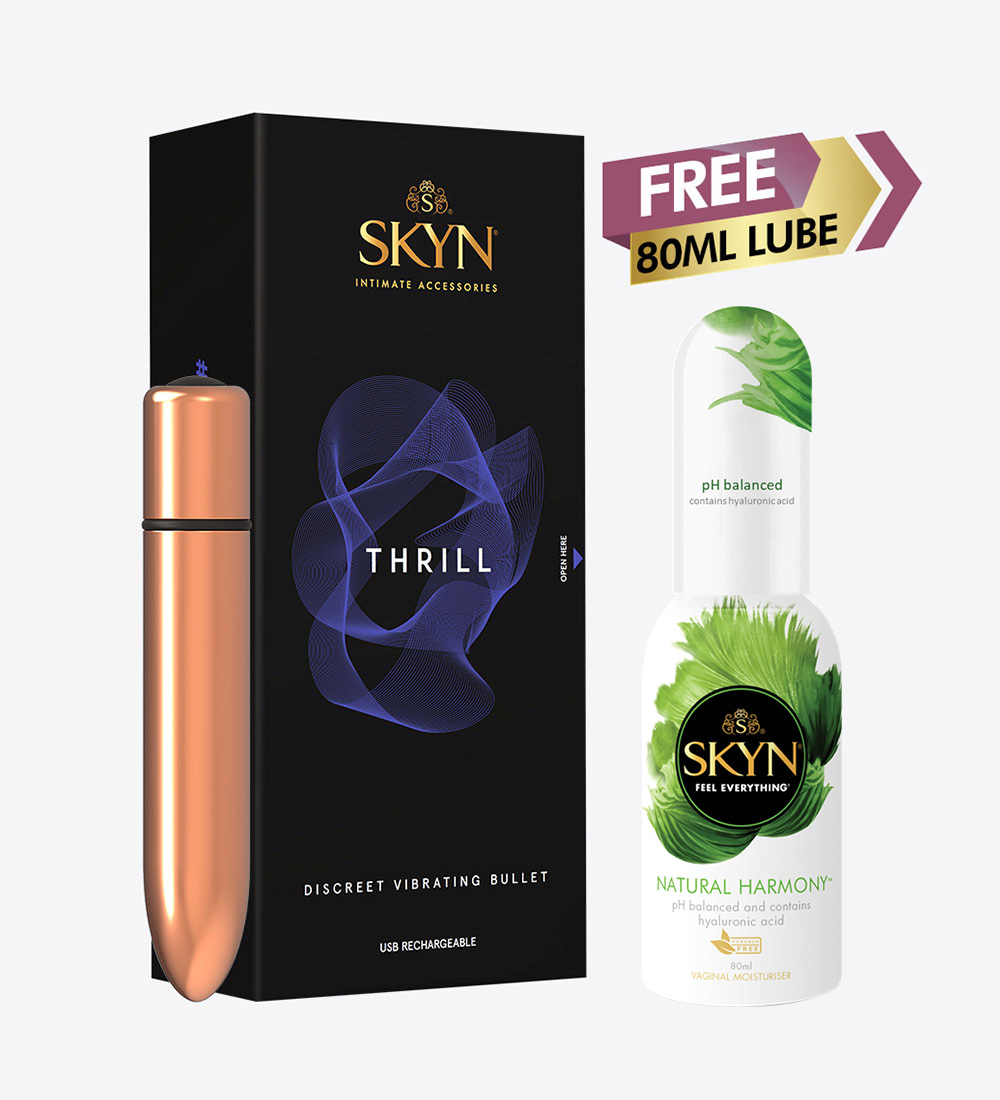 at home Oh Sortie SKYN Thrill Bullet Vibrator + Natural Harmony 80ml Gel - LifeStyles